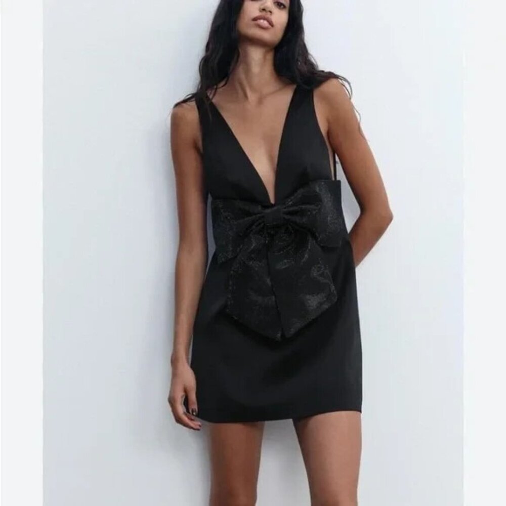 Zara Black Mini Dress with Bow Detail